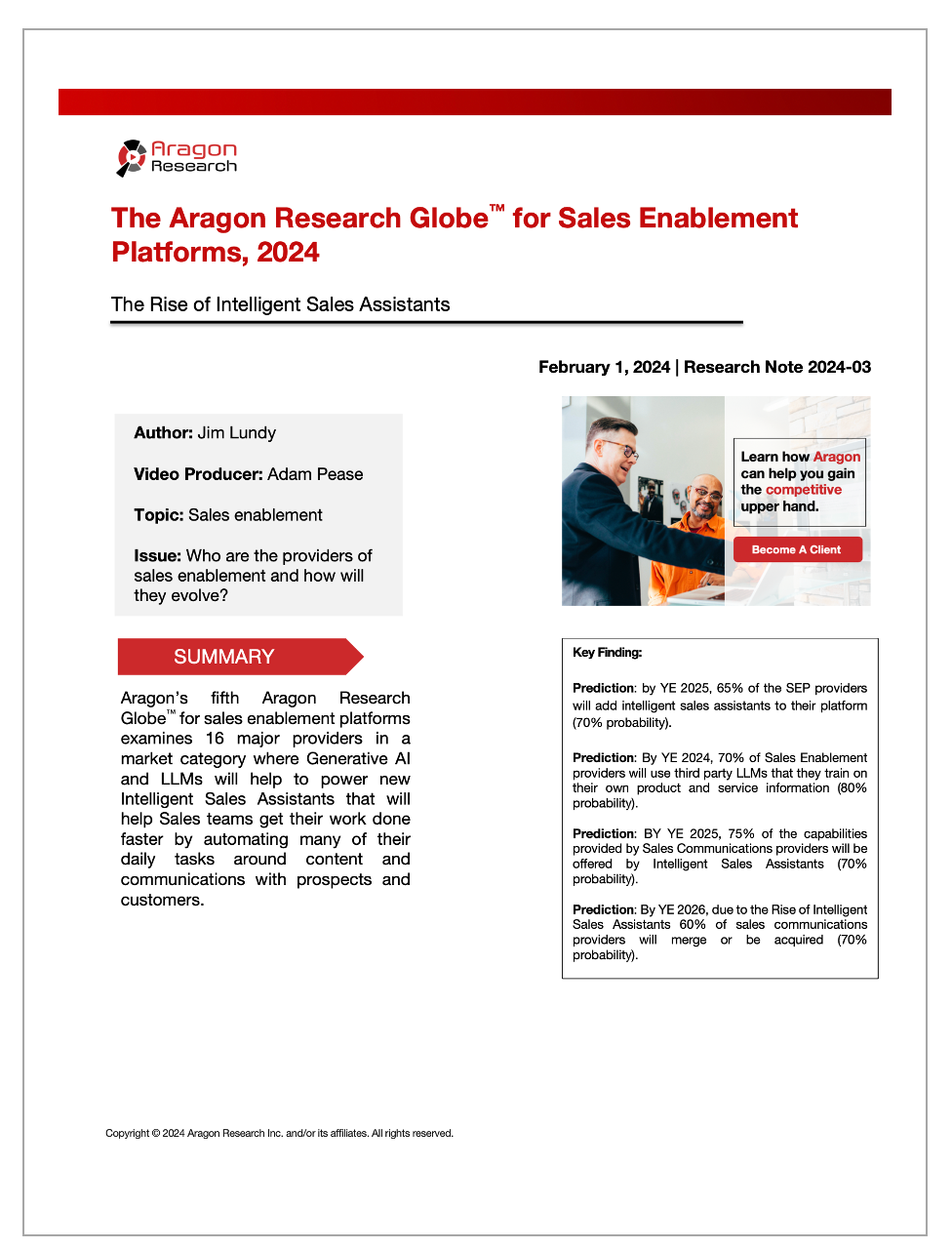 2024-03 The Aragon Research Globe™ for Sales Enablement Platforms, 2024