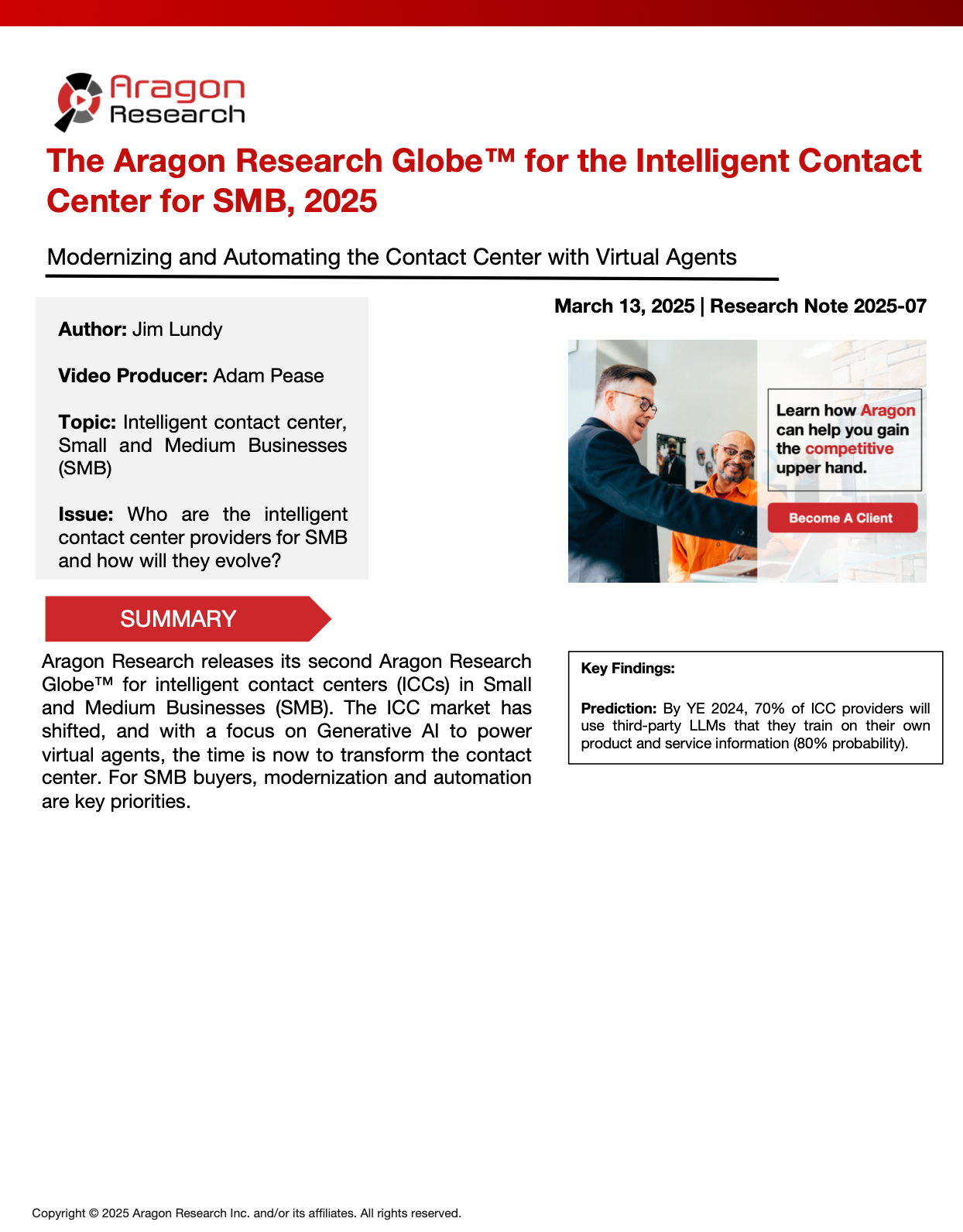 2025-07 The Aragon Research Globe™ for the Intelligent Contact Center for SMB, 2025