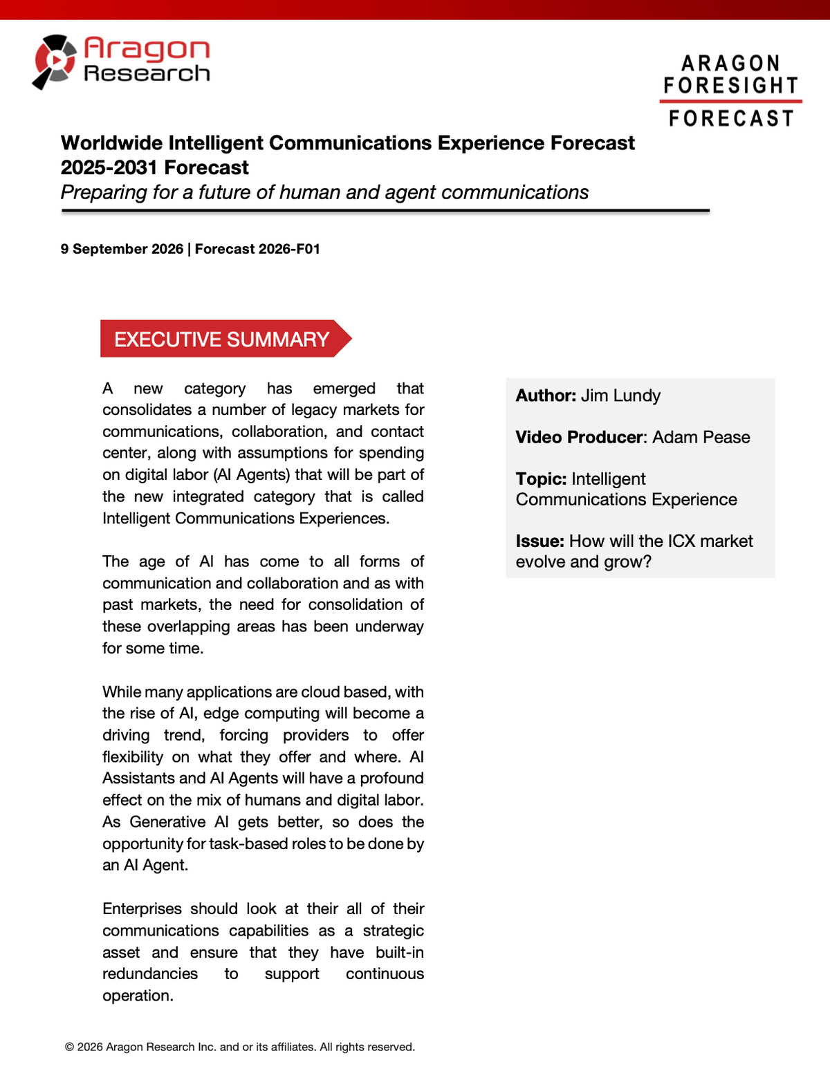 2026-F01 Worldwide Intelligent Communications Experience Forecast, 2025-2031