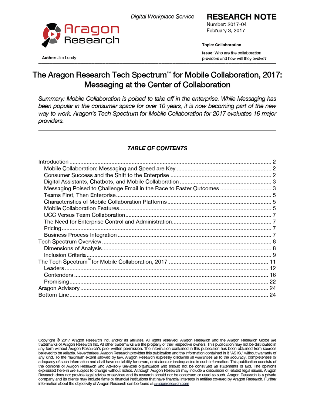 The Aragon Research Tech Spectrum™ for Mobile Collaboration, 2017: Messaging at the Center of Collaboration