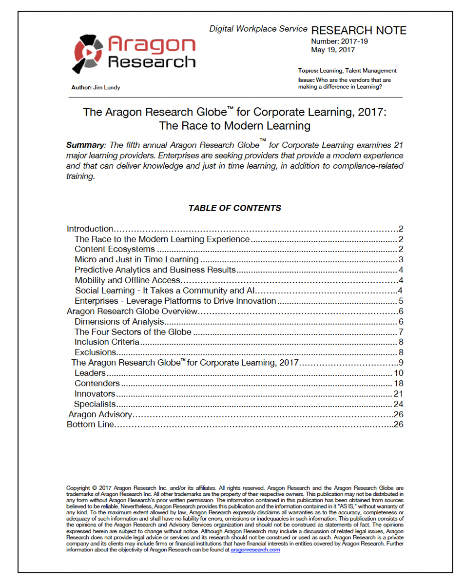 The Aragon Research Globe™ for Corporate Learning, 2017: The Race to Modern Learning