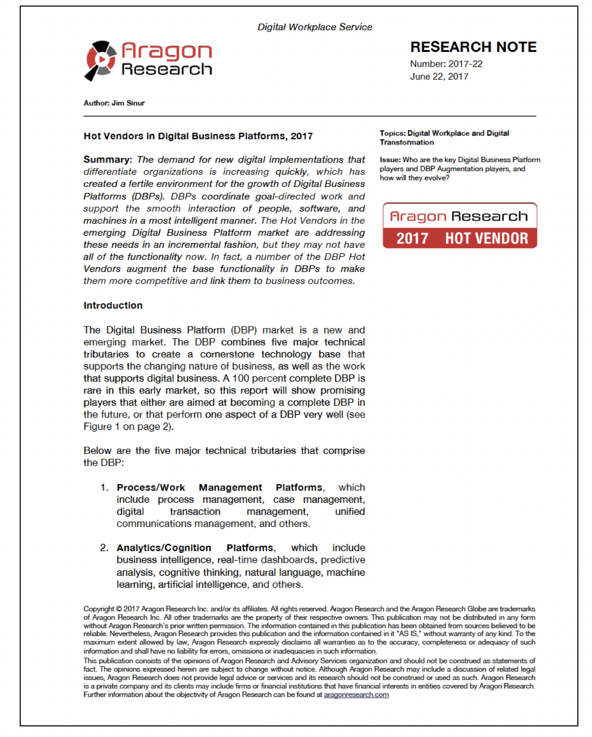 Hot Vendors in Digital Business Platforms, 2017