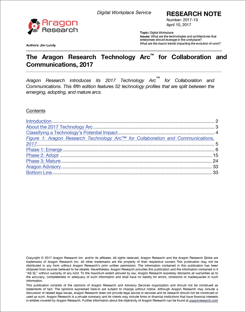 The Aragon Research Technology Arc™ for Collaboration and Communications, 2017