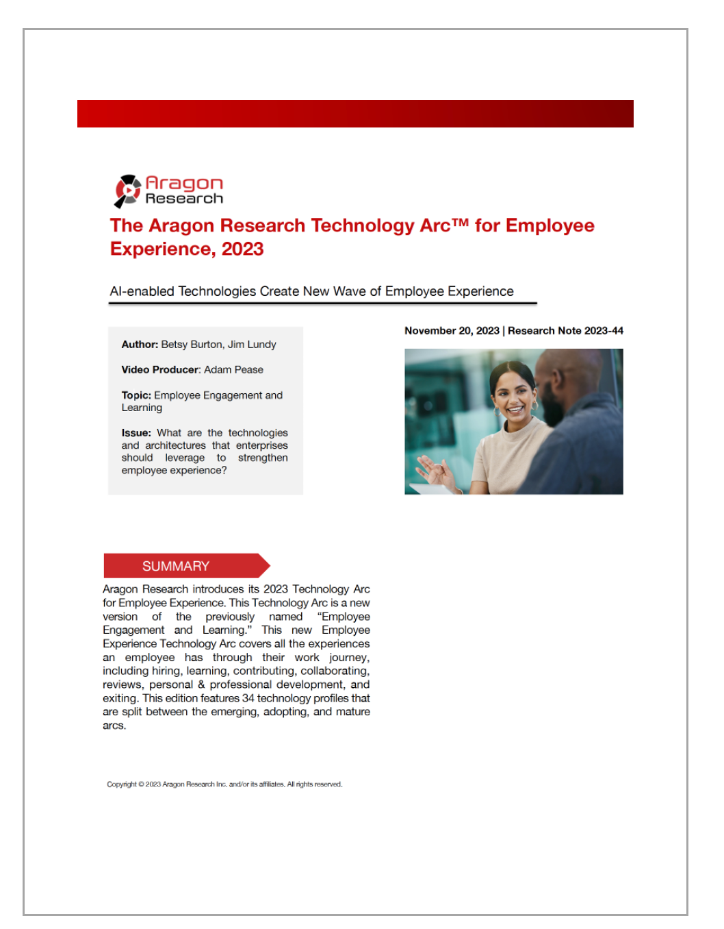 2023-44 Aragon Research Technology Arc for Employee Engagement, 2023