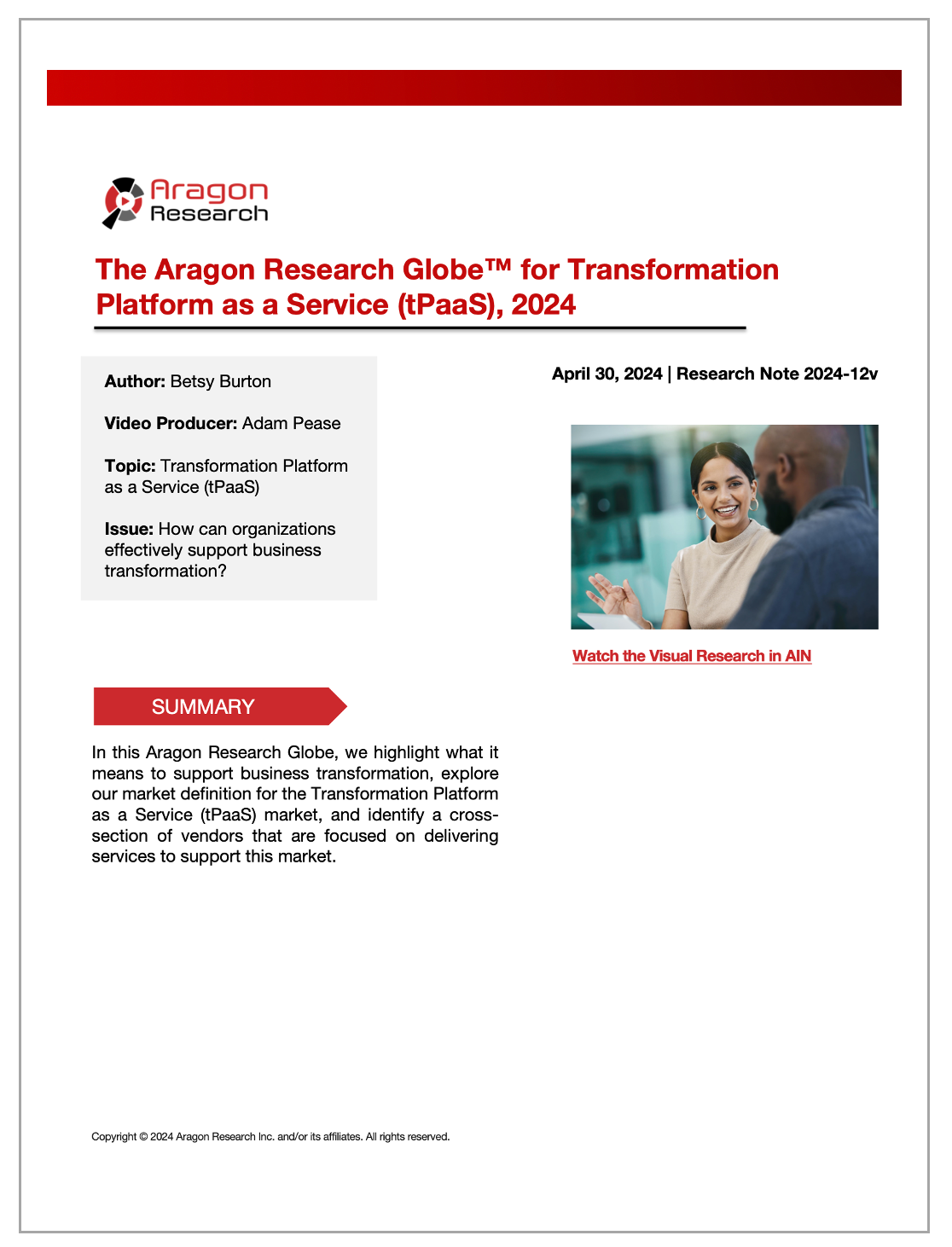 2024-12 The Aragon Research Globe™ for Transformation Platform as a Service (tPaaS), 2024