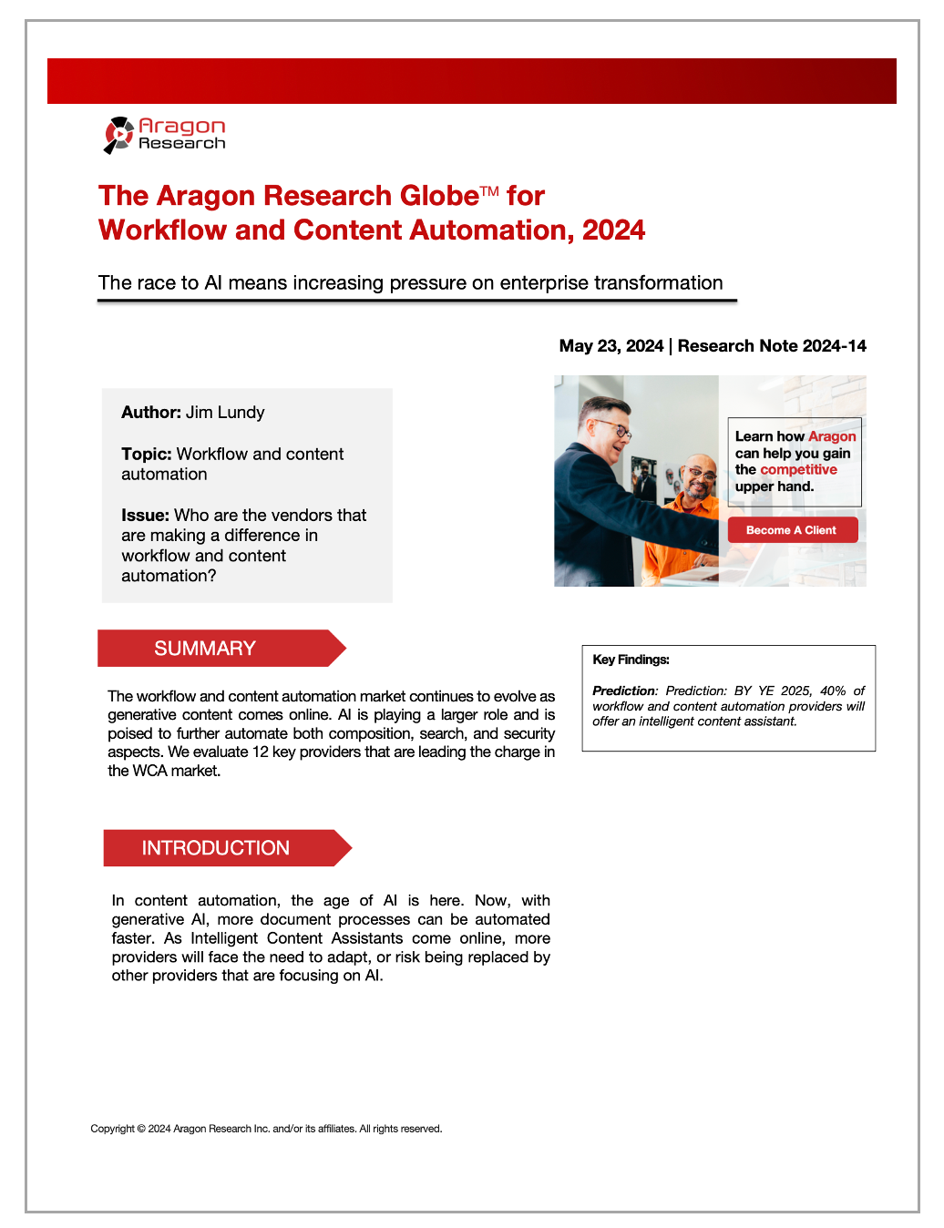 2024-14 The Aragon Research Globe for Workflow and Content Automation, 2024