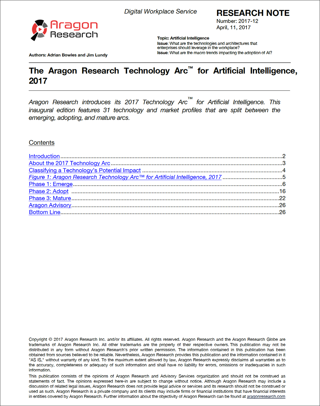 The Aragon Research Technology Arc™ for Artificial Intelligence, 2017