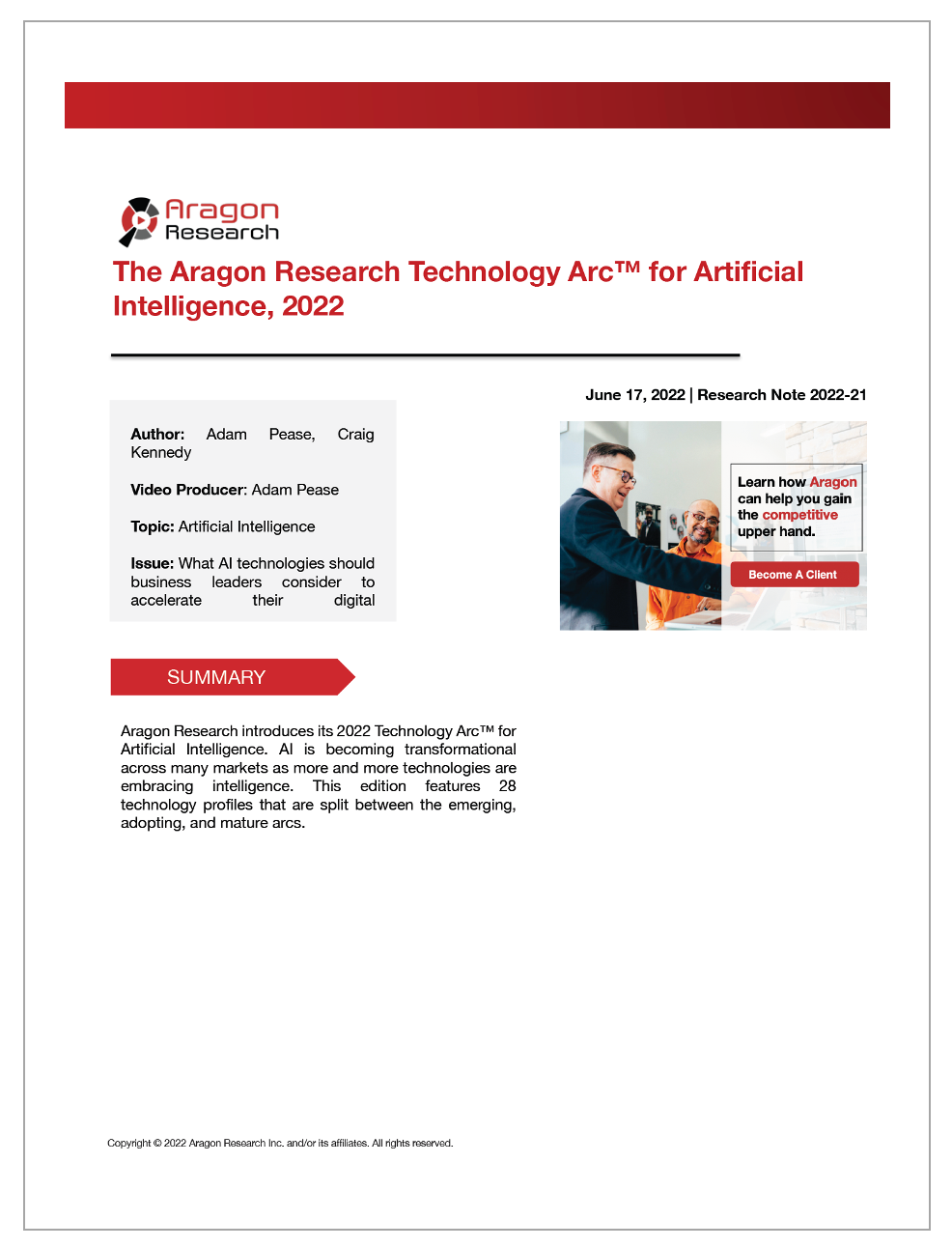 2022-21 The Aragon Research Technology Arc for Artificial Intelligence, 2022