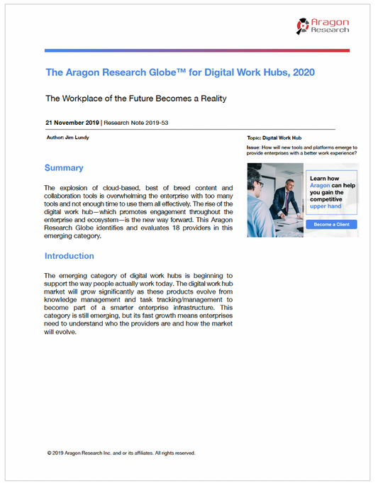 The Aragon Research Globe™ for Digital Work Hubs, 2020