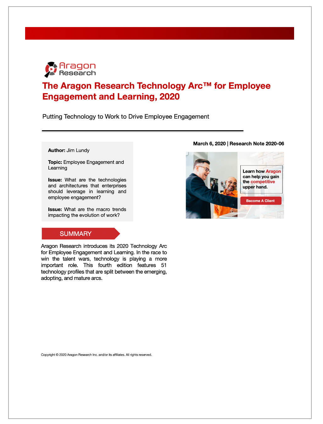 The Aragon Research Technology Arc™ for Employee Engagement and Learning, 2020