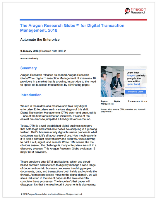 The Aragon Research Globe™ for Digital Transaction Management, 2018